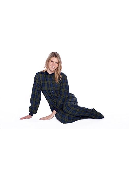 Navy Blue & Green Plaid Cotton Flannel Adult Footed Pajamas Onesie Sleeper for Men & Women