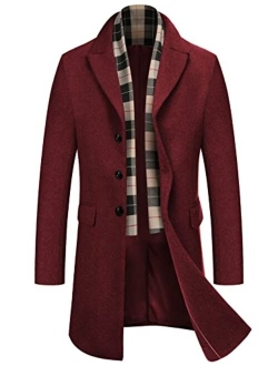 Men's Wool Blend Coat with Plaid Scarfs Notched Collar Single Breasted Pea Coat