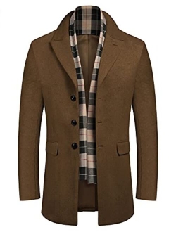 Men's Wool Blend Coat with Plaid Scarfs Notched Collar Single Breasted Pea Coat