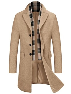 Men's Wool Blend Coat with Plaid Scarfs Notched Collar Single Breasted Pea Coat