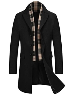 Men's Wool Blend Coat with Plaid Scarfs Notched Collar Single Breasted Pea Coat