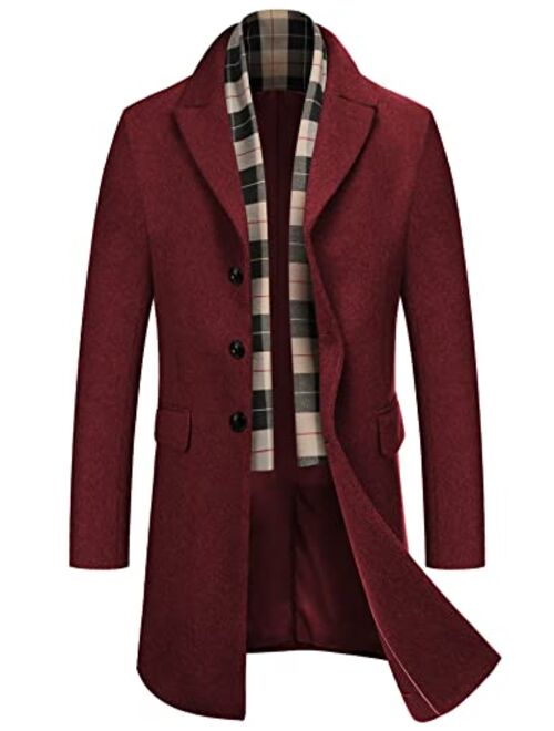 COOFANDY Men's Wool Blend Coat with Plaid Scarfs Notched Collar Single Breasted Pea Coat