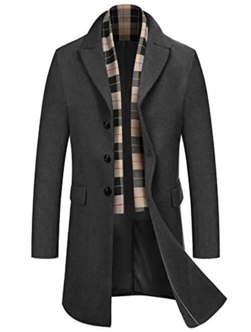 COOFANDY Men's Wool Blend Coat with Plaid Scarfs Notched Collar Single Breasted Pea Coat