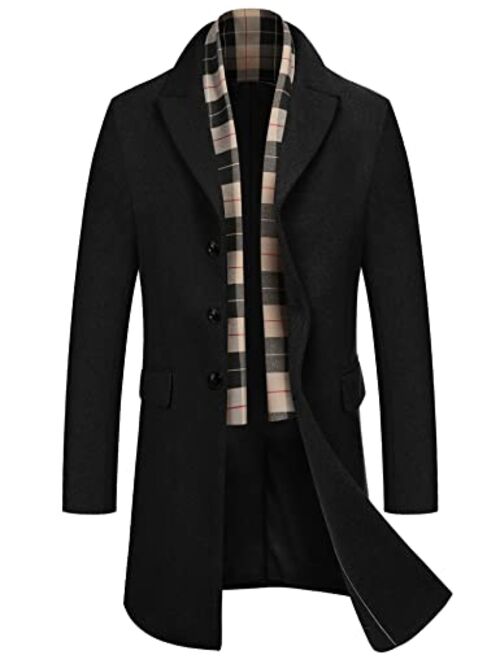 COOFANDY Men's Wool Blend Coat with Plaid Scarfs Notched Collar Single Breasted Pea Coat