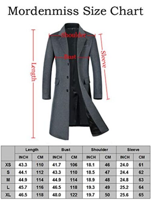 Mordenmiss Men's Long Slim Peacoat Winter Business Wool Blazer Gentlemen Trench Coat