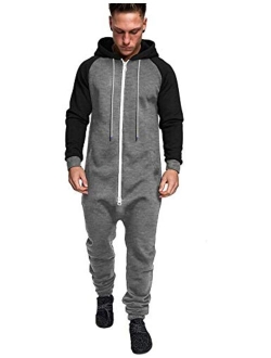 Mens Hooded Jumpsuit Full Zip Onesie Rompers One Piece Overalls Lightweight Tracksuit with Pockets