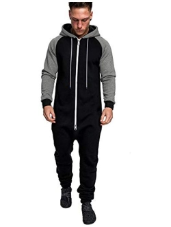 Mens Hooded Jumpsuit Full Zip Onesie Rompers One Piece Overalls Lightweight Tracksuit with Pockets