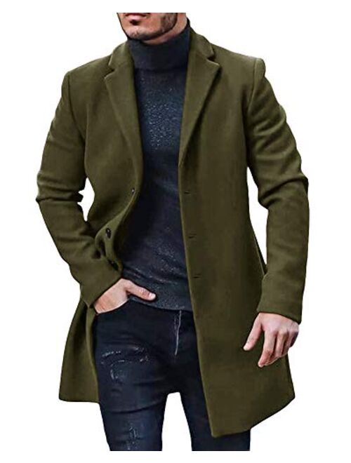 Men's Trench Coat Slim Fit Notch Lapel Single Breasted Top Coat Winter Warm Cotton Business Long Jacket Overcoat