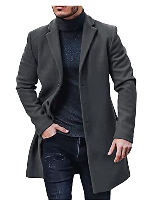 Men's Trench Coat Slim Fit Notch Lapel Single Breasted Top Coat Winter Warm Cotton Business Long Jacket Overcoat