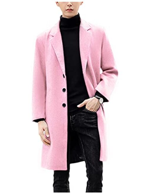 UANEO Mens Woolen Mid Long Pea Coat Single Breasted Coat Jacket