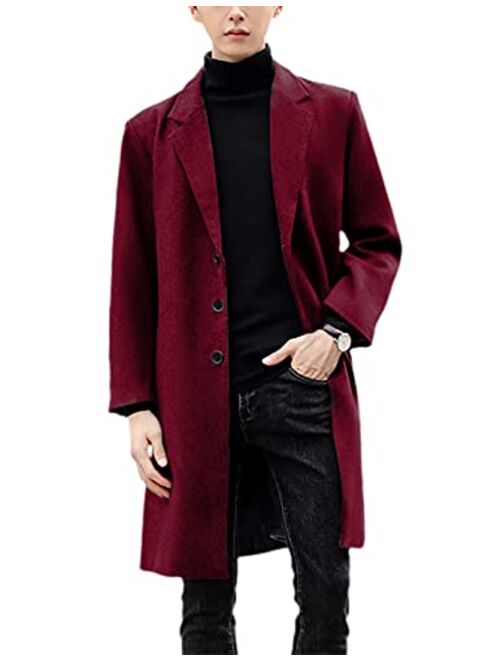 UANEO Mens Woolen Mid Long Pea Coat Single Breasted Coat Jacket