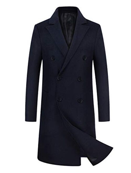 iCKER Mens Trench Coat Winter Wool Blend Jacket Overcoat Long Top Coat Warm Pea Coat