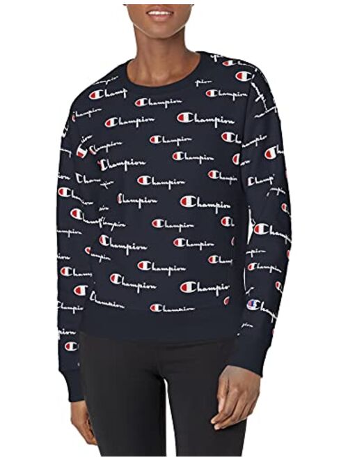 Champion Women's Reverse Weave Crew-Multi Scale Script AOP