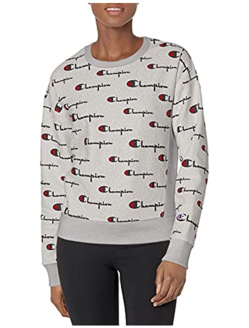 Champion Women's Reverse Weave Crew-Multi Scale Script AOP