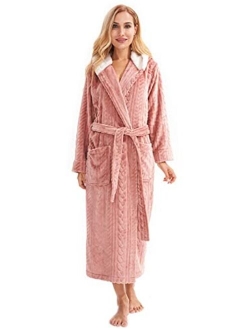 Femofit Women's Hooded Bathrobe Long Plush Flannel Robe Hooded Fleece Loungewear Soft Warm S~XL