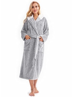 Femofit Women's Hooded Bathrobe Long Plush Flannel Robe Hooded Fleece Loungewear Soft Warm S~XL