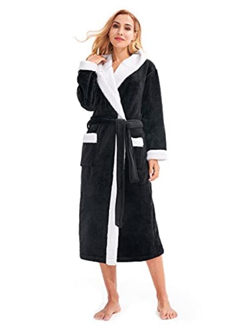 Femofit Women's Hooded Bathrobe Long Plush Flannel Robe Hooded Fleece Loungewear Soft Warm S~XL