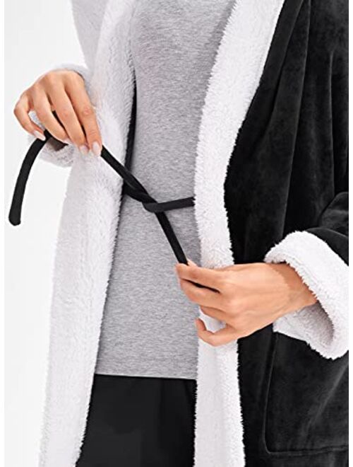 Femofit Women's Hooded Bathrobe Long Plush Flannel Robe Hooded Fleece Loungewear Soft Warm S~XL