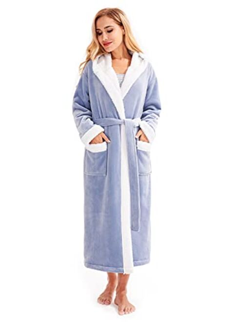 Femofit Women's Hooded Bathrobe Long Plush Flannel Robe Hooded Fleece Loungewear Soft Warm S~XL