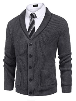 Men's Shawl Collar Cardigan Sweater Slim Fit Cable Knit Button up Cotton Sweater with Pockets