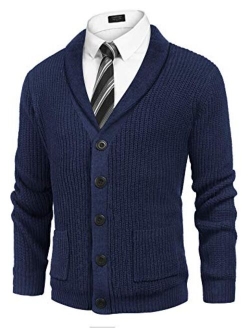 Men's Shawl Collar Cardigan Sweater Slim Fit Cable Knit Button up Cotton Sweater with Pockets