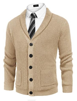 Men's Shawl Collar Cardigan Sweater Slim Fit Cable Knit Button up Cotton Sweater with Pockets