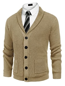 Men's Shawl Collar Cardigan Sweater Slim Fit Cable Knit Button up Cotton Sweater with Pockets
