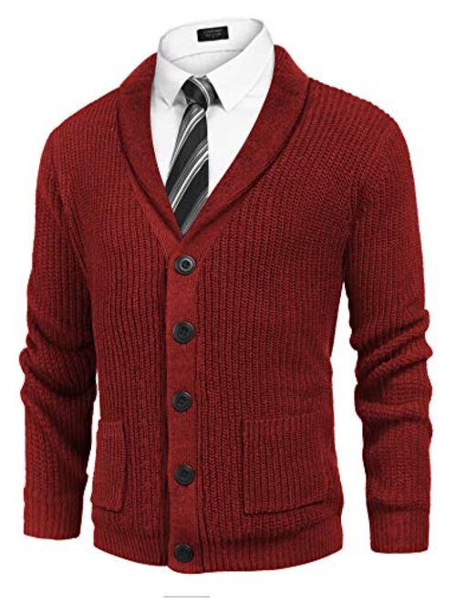 COOFANDY Men's Shawl Collar Cardigan Sweater Slim Fit Cable Knit Button up Cotton Sweater with Pockets