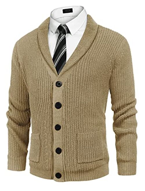 COOFANDY Men's Shawl Collar Cardigan Sweater Slim Fit Cable Knit Button up Cotton Sweater with Pockets