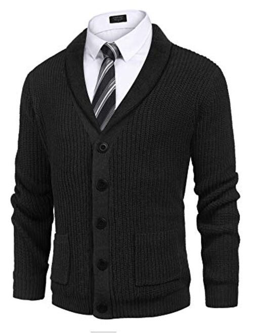 COOFANDY Men's Shawl Collar Cardigan Sweater Slim Fit Cable Knit Button up Cotton Sweater with Pockets