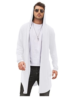 Men's Long Hooded Cardigan Shawl Collar Lightweight Open Front Drape Cape Overcoat with Pockets