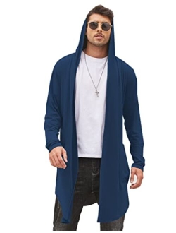 Men's Long Hooded Cardigan Shawl Collar Lightweight Open Front Drape Cape Overcoat with Pockets