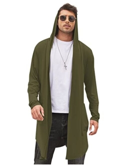 Men's Long Hooded Cardigan Shawl Collar Lightweight Open Front Drape Cape Overcoat with Pockets