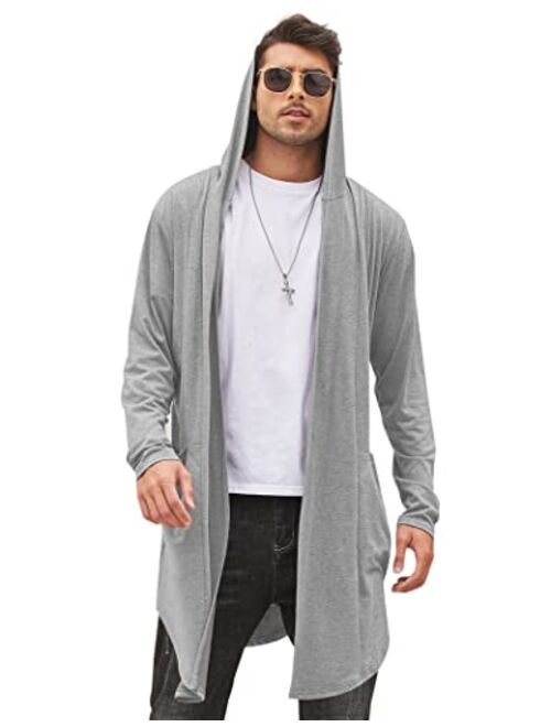 COOFANDY Men's Long Hooded Cardigan Shawl Collar Lightweight Open Front Drape Cape Overcoat with Pockets