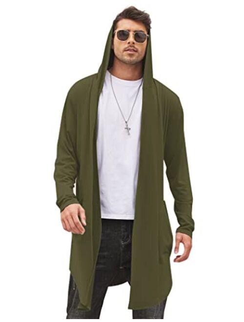 COOFANDY Men's Long Hooded Cardigan Shawl Collar Lightweight Open Front Drape Cape Overcoat with Pockets