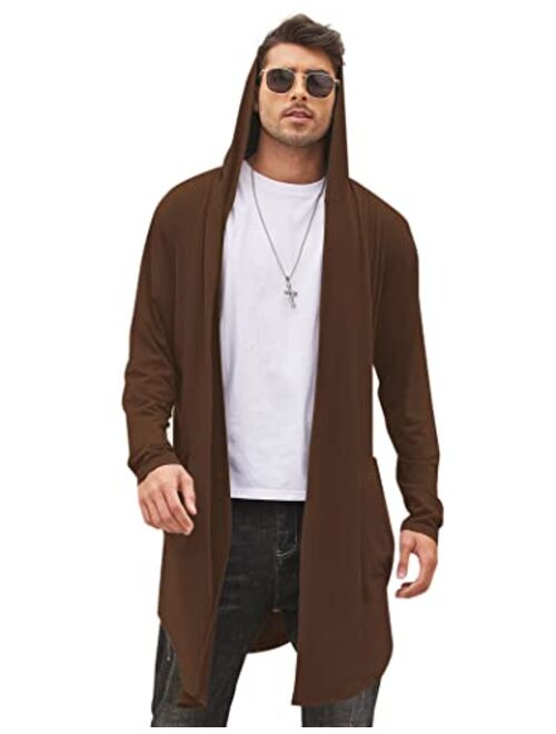 COOFANDY Men's Long Hooded Cardigan Shawl Collar Lightweight Open Front Drape Cape Overcoat with Pockets