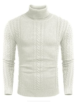 Men's Slim fit Turtleneck Sweater Casual Cable Knitted Pullover Sweaters for Fall Winter