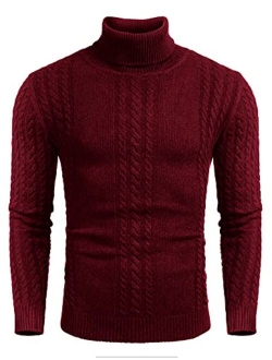 Men's Slim fit Turtleneck Sweater Casual Cable Knitted Pullover Sweaters for Fall Winter