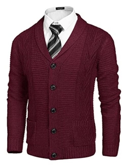 Men's Shawl Collar Cardigan Sweater Slim Fit Casual Cable Knitted Sweaters with Buttons and Pockets