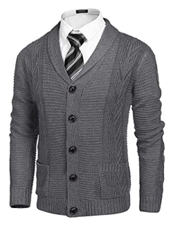 Men's Shawl Collar Cardigan Sweater Slim Fit Casual Cable Knitted Sweaters with Buttons and Pockets