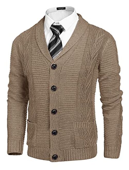 COOFANDY Men's Shawl Collar Cardigan Sweater Slim Fit Casual Cable Knitted Sweaters with Buttons and Pockets