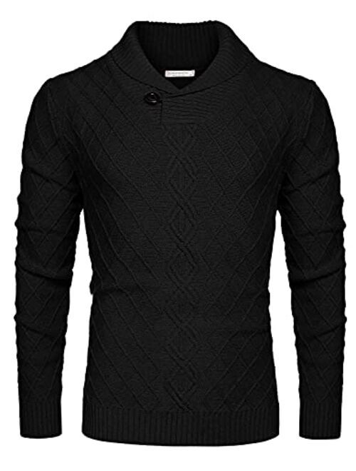 COOFANDY Men's Shawl Collar Sweater Cable Knitted Pullover Sweaters Fall Winter Casual Patterned Sweater