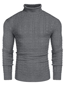 Men's Slim Fit Turtleneck Sweater Casual Solid Waffle Knitted Pullover Sweaters