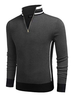 Men's Quarter Zip Pullover Sweater Casual Slim Fit Striped Polo Sweaters