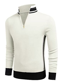 Men's Quarter Zip Pullover Sweater Casual Slim Fit Striped Polo Sweaters