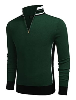 Men's Quarter Zip Pullover Sweater Casual Slim Fit Striped Polo Sweaters