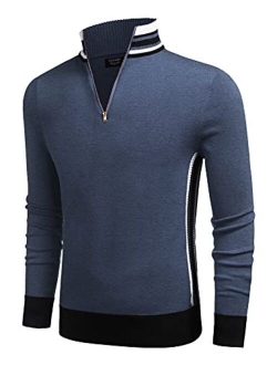 Men's Quarter Zip Pullover Sweater Casual Slim Fit Striped Polo Sweaters