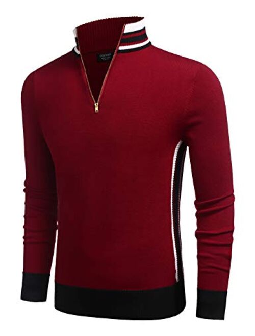 COOFANDY Men's Quarter Zip Pullover Sweater Casual Slim Fit Striped Polo Sweaters