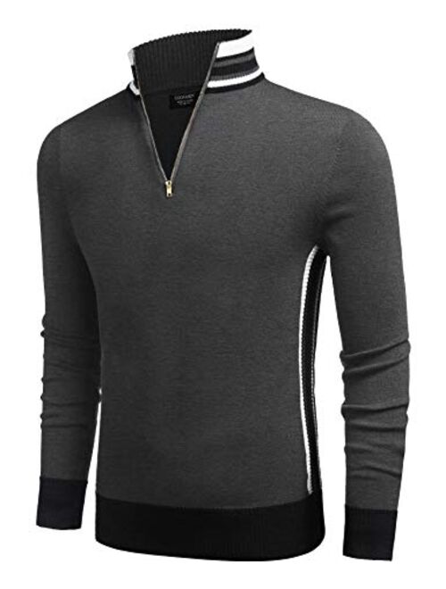 COOFANDY Men's Quarter Zip Pullover Sweater Casual Slim Fit Striped Polo Sweaters