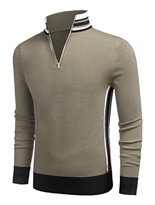 COOFANDY Men's Quarter Zip Pullover Sweater Casual Slim Fit Striped Polo Sweaters